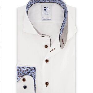 R2 Amsterdam White Long Sleeve Button Up Shirt with Paisley Collar Contrast